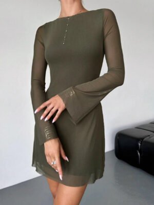 Lady's Long-sleeved Dress With Waistband