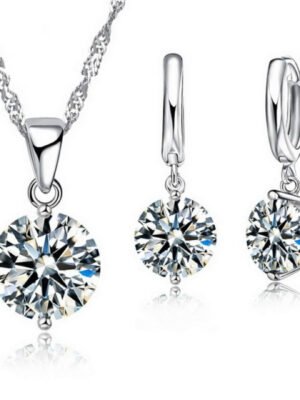 Sterling Silver Pendant Necklace Earrings Set Fashion Jewelry Trendy Style Austrian Crystal Women Engagement Colours