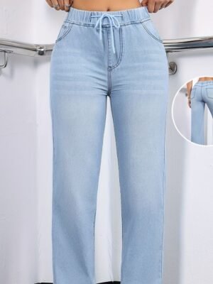 Casual Washed Drawstring-branded Elastic Womens Straight-leg Jeans