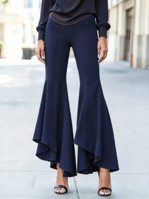 Women Plus Size Knit High Waist Front Seam Asymmetrical Flare Bell Bottom Pants