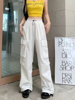 American-style Vintage Work Pants For Men And Women, Summer Versatile Straight-leg, Drapey, Cuffed, Loose Wide-leg Casual Pants-white