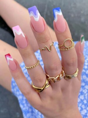Fake Nails Multicolored Wave Pattern Extra Long Ballerina Frosted Nail Art