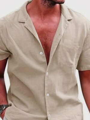 Solid-color Loose-fit Linen Shirt For Men