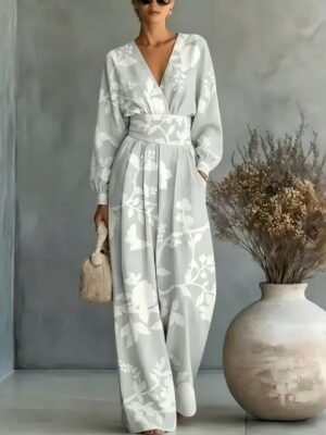 V-neck Long-sleeve Womens Printed Jumpsuit
