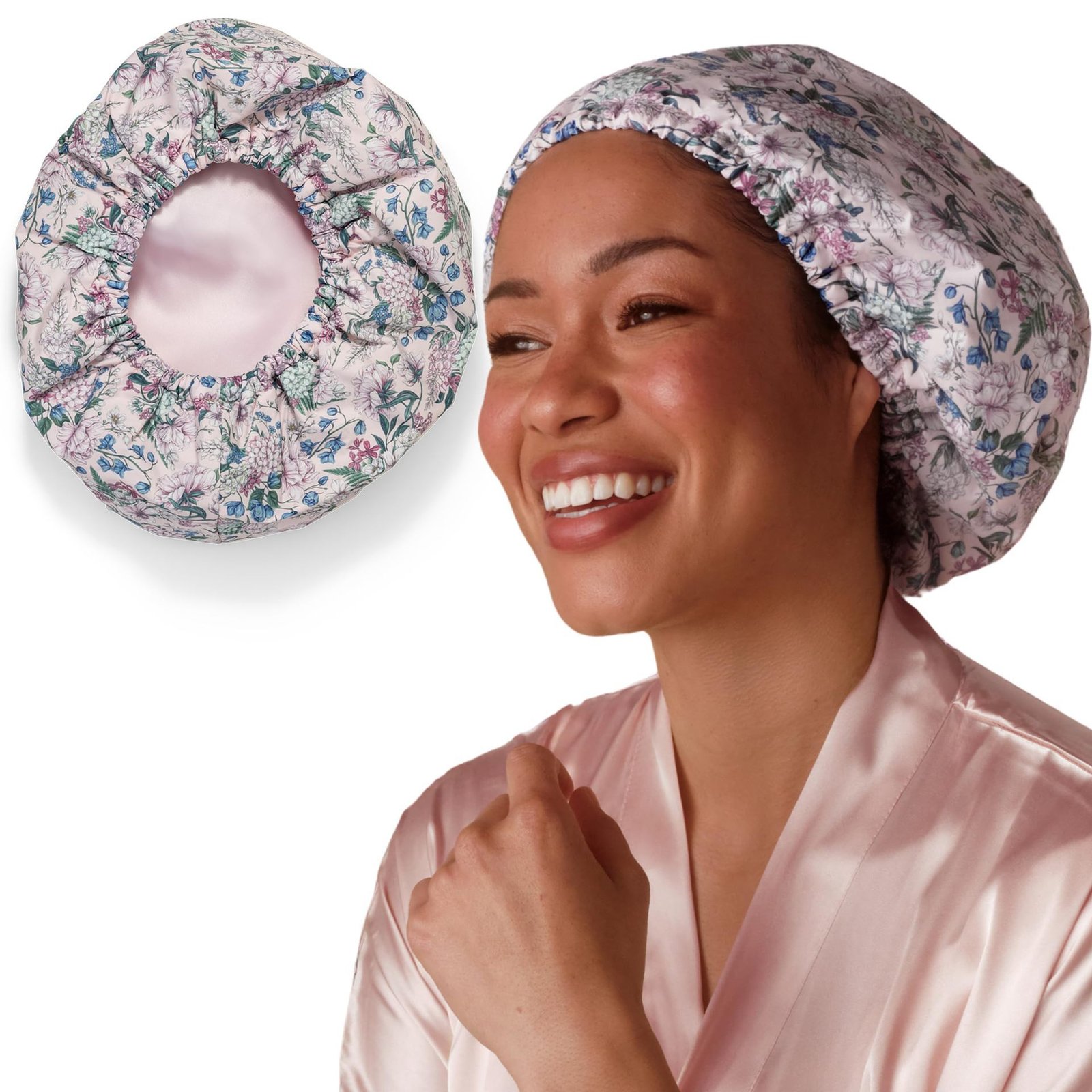 Three-layer Waterproof Shower Cap Lined With A Plaid Pattern ā Image 2