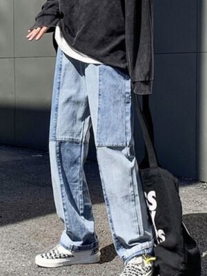 Men's stitching wide-leg jeans