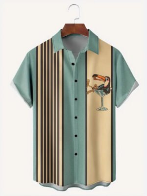 Hawaiian Shirt Striped Pattern Buckle Short Sleeve Men