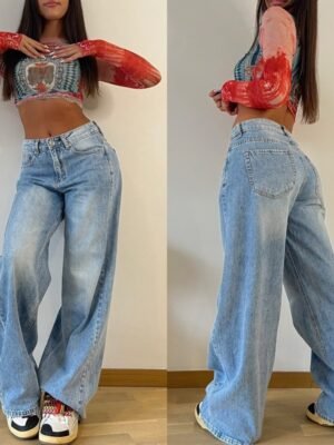European And American Cross-Border New Style Retro American Long Wide-Leg Pants Hot Girl Loose Jeans Women's High-Waisted Straight