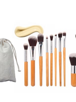 11 bamboo handles, makeup brush, tool set, linen bag, blush brush, foundation brush, and a full set of makeup.