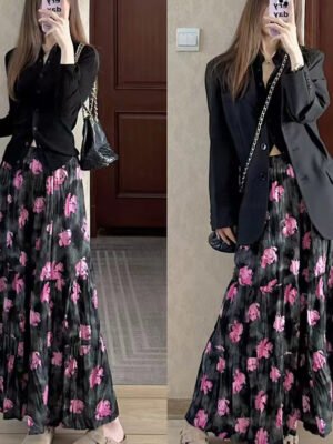 French-style Vintage Patchwork Floral Maxi Skirt