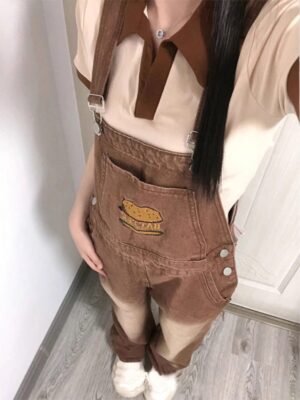 Youthful And Chic American-Style Burger Embroidery Denim Suspender Pants