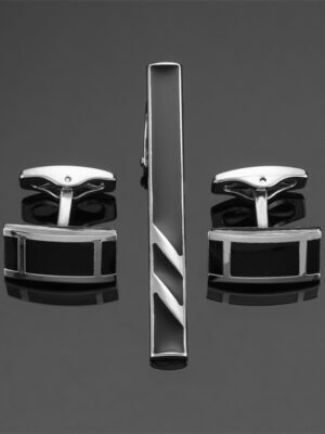 Black Enamel Silver Diagonal Stripes Tie Clip Cuff Buckle Set
