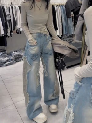 Womens American-style Wide-leg Casual Denim Jeans