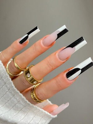 Simple Black And White Color Matching Long Nails Removable Nail Tip