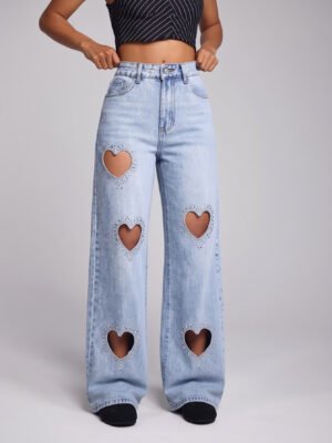 Rhinestone Heart Cut-Out High-Waisted Wide-Leg Jeans