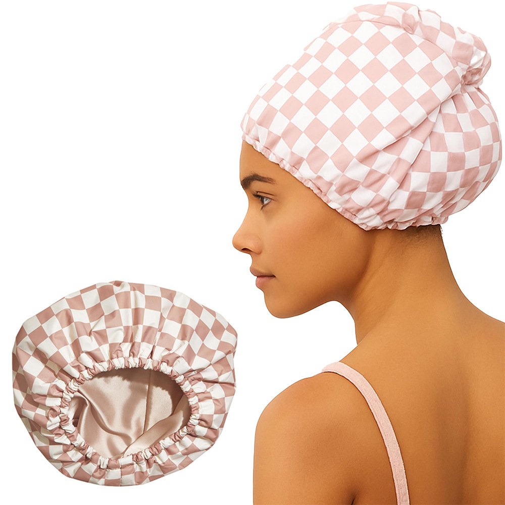 Three-layer Waterproof Shower Cap Lined With A Plaid Pattern ā Image 3