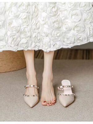 2026 Summer New Women's Rivet Pointed Toe High Heels, Stiletto Heel Open Back Sandals, One Strap Mules Slides For Outdoor