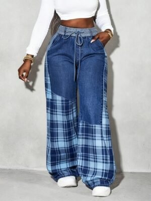 Women's Retro Drawstring High-Waisted Wide-Leg Casual Denim Pants