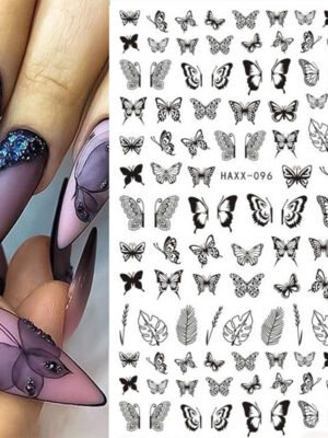 Black Butterfly Nails Stickers Decals White Flower Adhesive Manicure