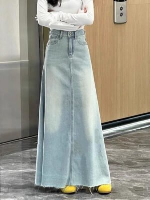 High-waisted Washed Denim Skirt That Flatters The Figure And Hides The Tummy