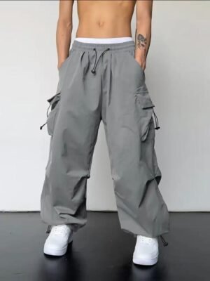 American-style Vintage Work Pants For Men And Women, Summer Versatile Straight-leg, Drapey, Cuffed, Loose Wide-leg Casual Pants-Light Gray