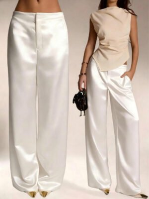 Cross-Border Foreign Trade Women's Clothing, High-End Satin Solid Color Wide-Leg Pants, Drapey Slimming Workwear Style Long Pants