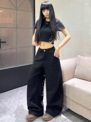 Women's Printed Washed Jeans Wide Leg Loose Straight
