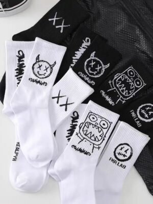 Emoji-filled Cotton Black-and-white Instagram-style Cartoon Hip-hop Quirky Long Socks For Couples