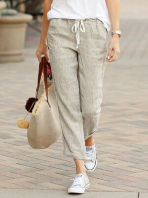 European And American Aliexpress 2025 Spring And Autumn New Style Solid Color Loose Casual Drawstring Elastic Waist Cotton Linen Long Pants