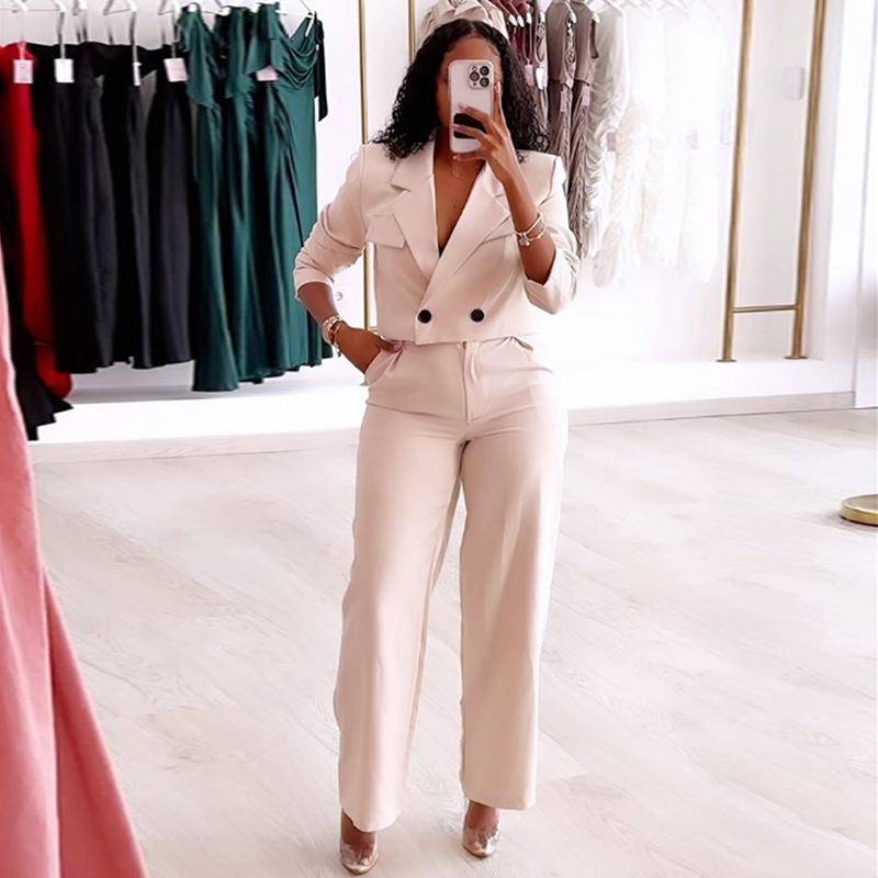 Solid Color Polo Collar Suit Top Wide-leg Pants Casual Suit – Image 5