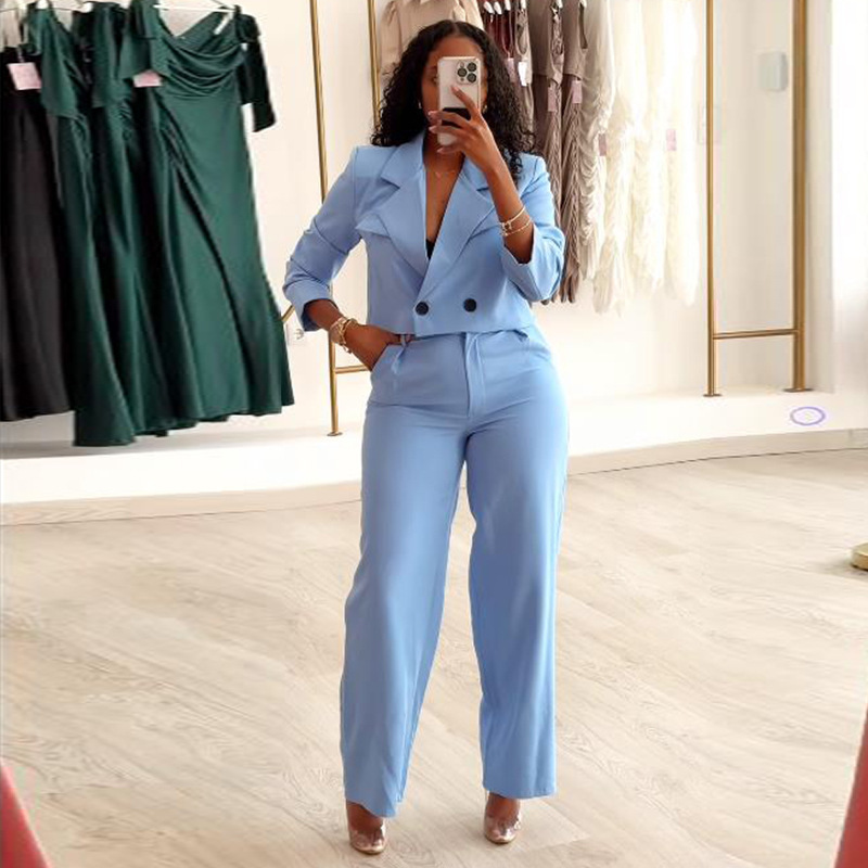 Solid Color Polo Collar Suit Top Wide-leg Pants Casual Suit