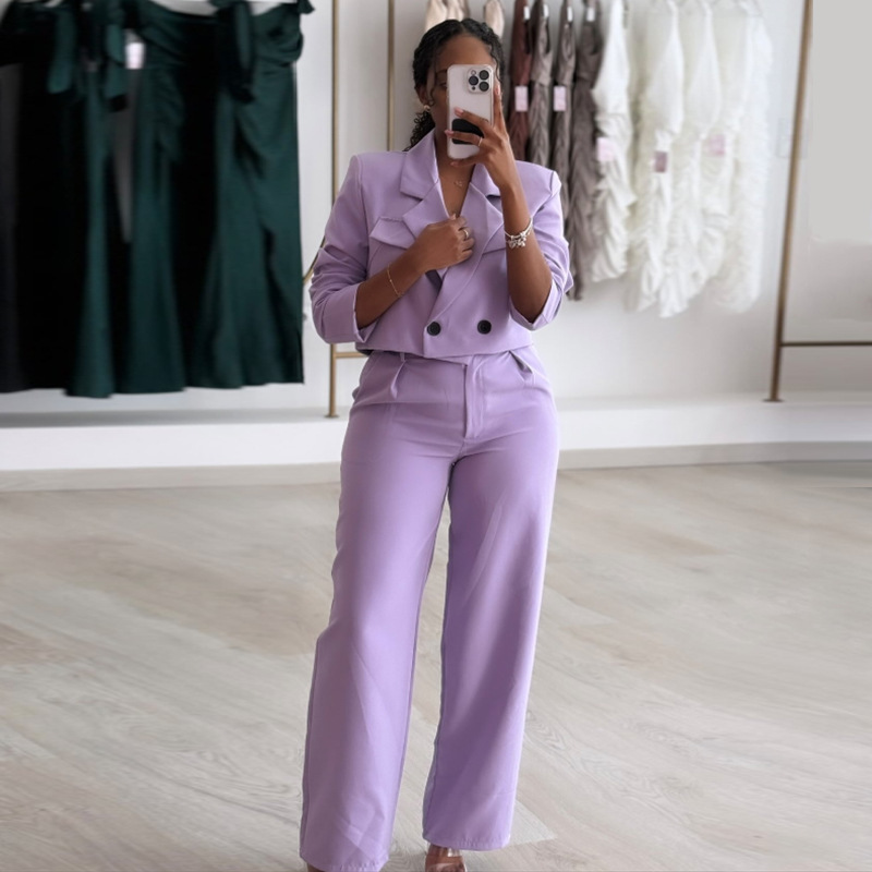 Solid Color Polo Collar Suit Top Wide-leg Pants Casual Suit – Image 6