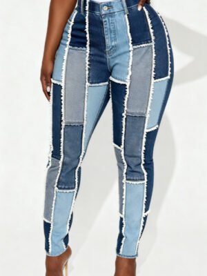 Patchwork Frayed Casual High-waisted Slim-fit Ripped Jeans