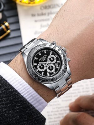 Silicone Steel Band Calendar Watch For Men Quartz Timepiece