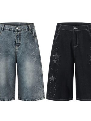 Star-shaped Rhinestone Embellished Capri Denim Shorts Womens Loose-fit