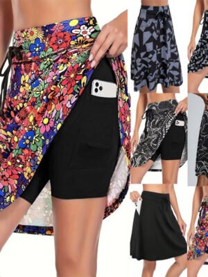 Women's Floral Print High Waist Skort With Pockets Tie Waist Ruffle Hem Athletic Skirt With Built-in Shorts