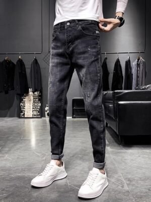Jeans Men's Black Tapered Cropped Elastic Slim Fit Slimming