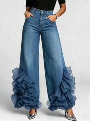 Versatile Fashionable Straight-leg Jeans With 3D Floral Detailing