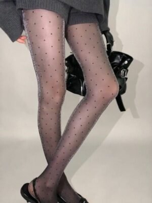 Polka-dot Black Silk Stockings With Shimmering Pearly Silver Thread
