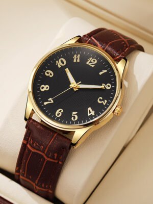 Quartz Mens Business-style Alloy Luminous Luxury Wristwatch With A Leather-band Feel