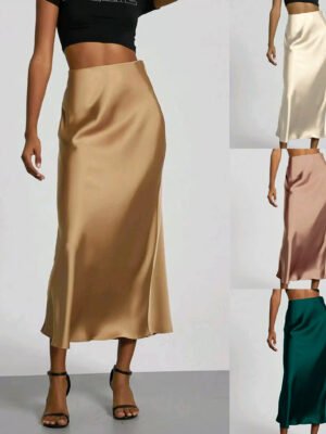 Womens Elegant, Silky-satin Versatile Midi Skirt
