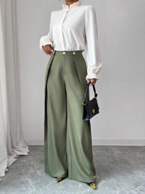 Pantalon Décontracté Élégant à Texture Plissée avec Boutons pour Femme
