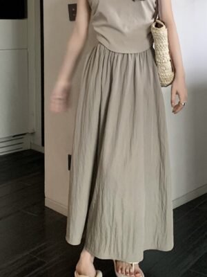Womens Solid-Color French-Style Mid-Length Retro A-Line Skirt