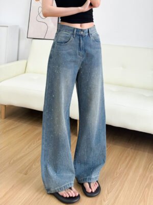 Womens Fashionable Rhinestone-Embellished Loose-Fit Straight-Leg Jeans