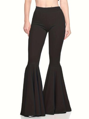 Women Knit High Waist Flared Bell Bottom Pants Solid Color Stretchy Long Trousers