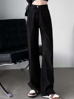 Retro Blue High0 Waisted Loose Straight Leg Denim Jeans For Women
