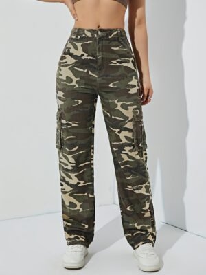 Camouflage Cargo High-Waisted Straight Leg Jeans