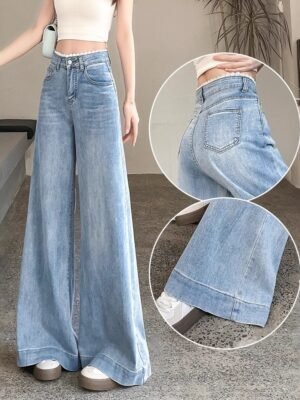Lace-floral High-waisted Wide-leg Denim Jeans For Women