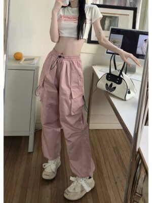 American-style Vintage Work Pants For Men And Women, Summer Versatile Straight-leg, Drapey, Cuffed, Loose Wide-leg Casual Pants-pink