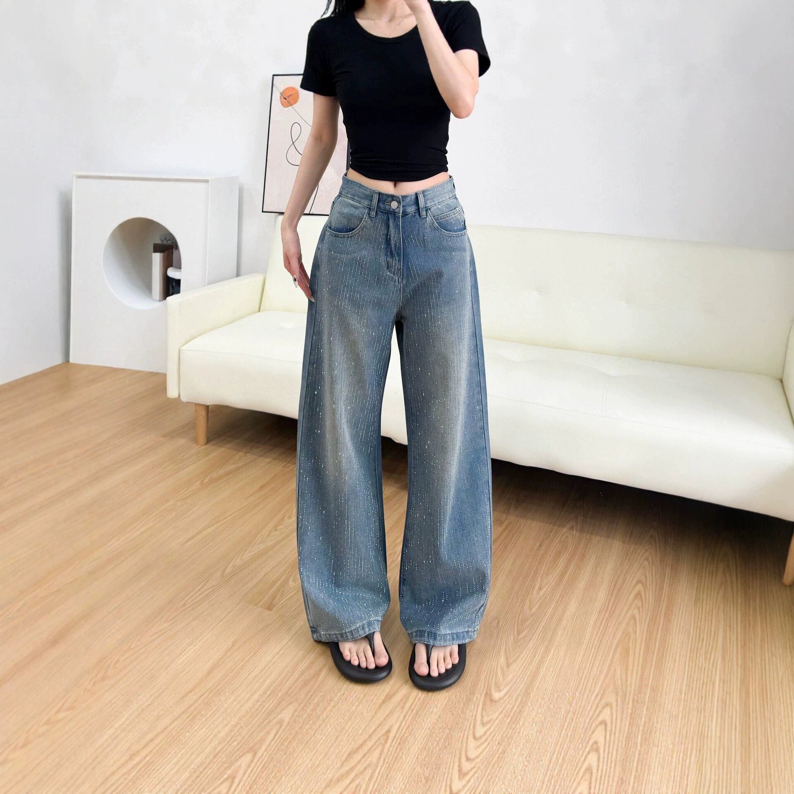 Womens Fashionable Rhinestone-Embellished Loose-Fit Straight-Leg Jeans ā Image 2